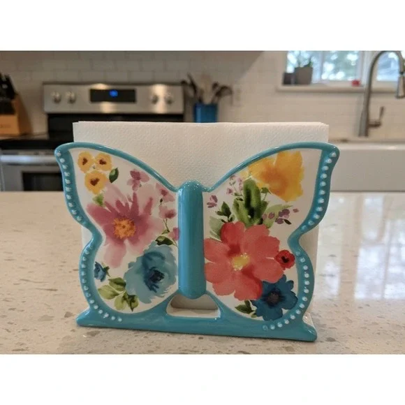 Pioneer Woman Breezy Blossom Butterfly Ceramic Napkin Holder, Teal / Floral - Picture 1 of 9